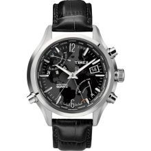 Timex 'Intelligent Quartz' World Time Leather Strap Watch Black
