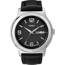 Timex Men's Black Dial with Date Window, Black Leather Strap Men's