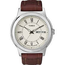 Timex Men's Cream Dial with Day/Date Window, Brown Leather Strap Men's