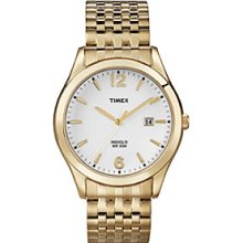 Timex Men's White Dial with Date Window, Gold-Tone Expansion Band