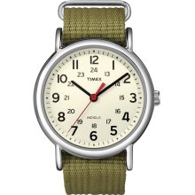 Timex T2N651 Men's Weekender White Dial Olive Green Slip Thru Nylon St