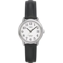 Timex Women's T2H331 Black Leather Quartz Watch with White Dial