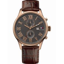 Tommy Hilfiger Men's Weston Watch 1710292 With Sub Dial,Brown Leather Strap,Rose Gold Case And Black Dial