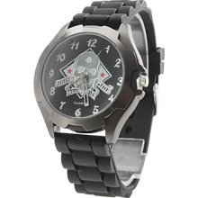 Unisex Metal Dial Design Analog Silicone Quartz Wrist Watch with Skeleton (Black)