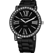 Vernier Ladies Oversized Crystal Bezel Silicone Strap Quartz Watch (Black)