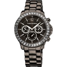 Vernier Women's Large Gun-Metal Chrono-Look Dial Dual Time Watch