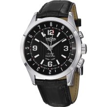 Vulcain Men's 'Aviator Dual Time' Black Dial Black Strap Watch