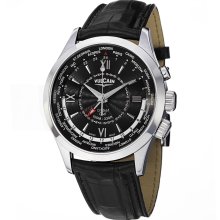Vulcain Men's 'Aviator GMT' Black Dial Black Leather Strap Watch