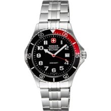 Wenger Swiss Military Alpine Diver Watch - Black Dial, Black & Red Bezel Bracelet - Men's Watches