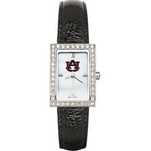 Womens Auburn University Watch with Black Leather Strap and CZ Accents
