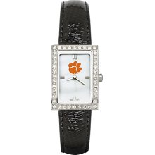 Womens Clemson University Watch with Black Leather Strap and CZ Accents