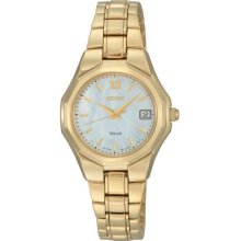 Women's Gold Tone Stainless Steel Solar Mother of Pearl Dial