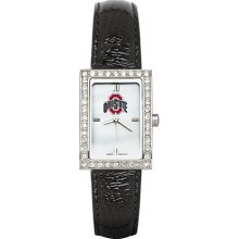 Womens Ohio State University Watch with Black Leather Strap and CZ Accents