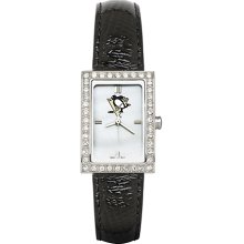Womens Pittsburgh Penguins Watch with Black Leather Strap and CZ Accents