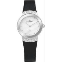 Women's Stainless Steel Quartz Mother Of Pearl Dial Leather Black