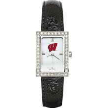 Womens University Of Wisconsin Watch with Black Leather Strap and CZ Accents