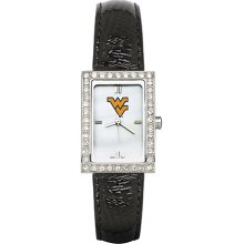 Womens West Virginia University Watch with Black Leather Strap and CZ Accents