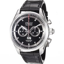 Zenith Men's 'El Primero' Black Dial Black Leather Strap Watch