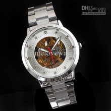 1 Piece Fashion Silver And Golden Skeleton Dial Crystal Mechanical W