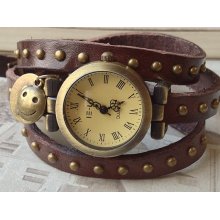 1 Piece of 26 mm Dark Brown Soft Leather Stud Strap Wrist Watch with Charm Pendants (sn.g)