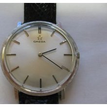 14k White Solid Gold Omega Watch Black Leather Strap Vtg Mens 17 Jewels Swiss
