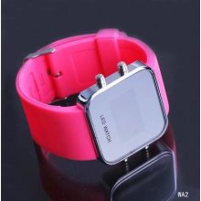 1x Men Lady Pink Mirror Face Led Silicone Rubber Band Digital Wrist Watch Wa2