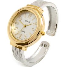 2tone Geneva Mesh Style Band Large Dial Women's Bangle Cuff Watch