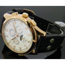 44mm Parnis White Dial Automatic Golden Plate Case Mens Watch Moon Phase Pn300