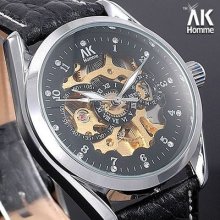 â˜… Ak-homme â˜… Golden Skeleton Dial Mens Mechanical Watch