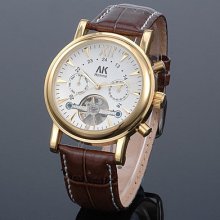 Ak-homme Mens Brown Leather Calendar Golden Automatic Mechanical Watch Ak210