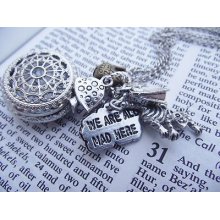 Alice In Wonderland We Are Mad Here Tea Party Pot Silver Pocket Watch Necklace