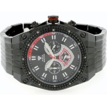 Aqua Master Genuine Diamond Watch Black Case Red Dial Leather Band Iced Out Mens