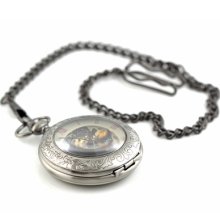 Archaize Magnifying Glass Silver Mens Skeleton Mechanical Pocket Watch Hand Wind