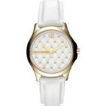 Armani Exchange AX White Ladies Silver-Tone Stainless Steel and White Leather Three-Hand Glitz Watch