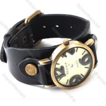 Arrivals Vintage Cowhide Leather Band Punk Simple Dial Women's Quartz Watch