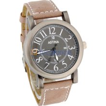 ASTINA BF0020 High-grade Men's Round Black-Tone Case Brown Leather Strap Analog Watch with Diamonds