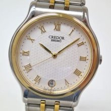 Auth Seiko Credor Wristwatch Ss K18yg Whtie Combination Mens 8j86-6a00(bf040773)