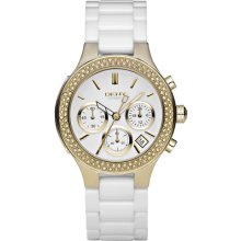 Authentic Dkny White Ceramic Gold Crystal Chrono Women Watch Ny4986