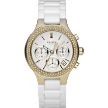 Authentic Dkny White Ceramic Gold Crystal Chrono Women Watch Ny4986