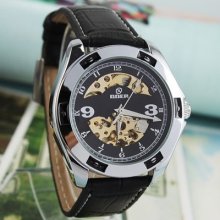 Auto Mechanical Elegant Design Mens Black Leather Cuff Wrist Watch Skeleton Gift