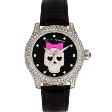 Betsey Johnson 'Bling Bling Time' Skull Dial Leather Strap Watch Silver/ Black