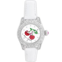 Betsey Johnson Cherry Dial Pave Crystal Watch White/ Silver