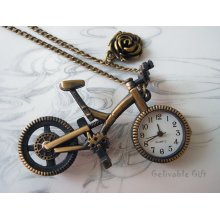 Bike-Steampunk Bike Pocket Watch Necklace , antique brass bicycle necklace with antique brass rose NWB03