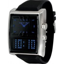Black Dice Men's Duo Project Watch Bd 049 02 With Dual Time Display Analogue, A Blue Led Display And Stainless Steel Oversized Case With Pu Strap