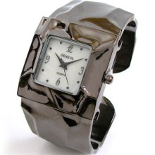 Black Gun Metal Hammered Design Mop Dial Women's Geneva Bangle Cuff Watch