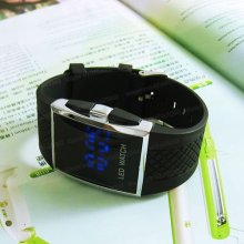 Black Rubber Silicone Blue Led Light Digital Sports Wrist Watch Unisex Dm595b