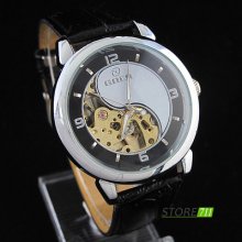 Black Strap Hollow Skeleton Automatic Wind Up Mechanical Mens Wrist Watch