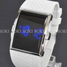 Blue Led Date Digital Womens Ladies White Rubber Wrist Band Watch W028