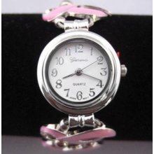 Breast Cancer Awareness Band Watch Pink Ribbons For The Cure Analog Clock