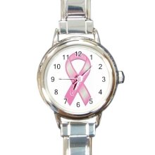 Breast Cancer Pink Ribbon Surviver Round Charm Watch - Pink - Metal